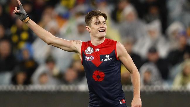 Bayley Fritsch of the Demons celebrates a goal. Picture: Dylan Burns/AFL Photos/Getty Images