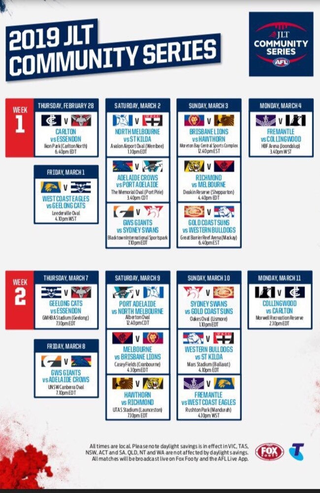 AFL 2019 JLT community series fixture.