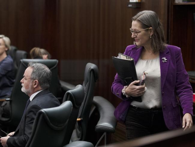 Greens Leader Cassy O'Connor walks past Labor David O'Byrne in the Tasmanian parliament. Picture: Chris Kidd