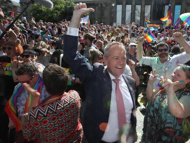 Labor Leader Bill Shorten reacts to the same-sex marriage postal survey Yes result in front of the State library of Victoria in Melbourne, Wednesday, November 15, 2017. Picture: AAP Image/David Crosling