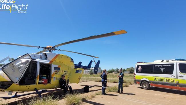 The Mount Isa RACQ LifeFlight Rescue helicopter crew flown a woman to hospital, after she fell twice from a motorcycle, in the Cloncurry region. Picture: RACQ LifeFlight Rescue