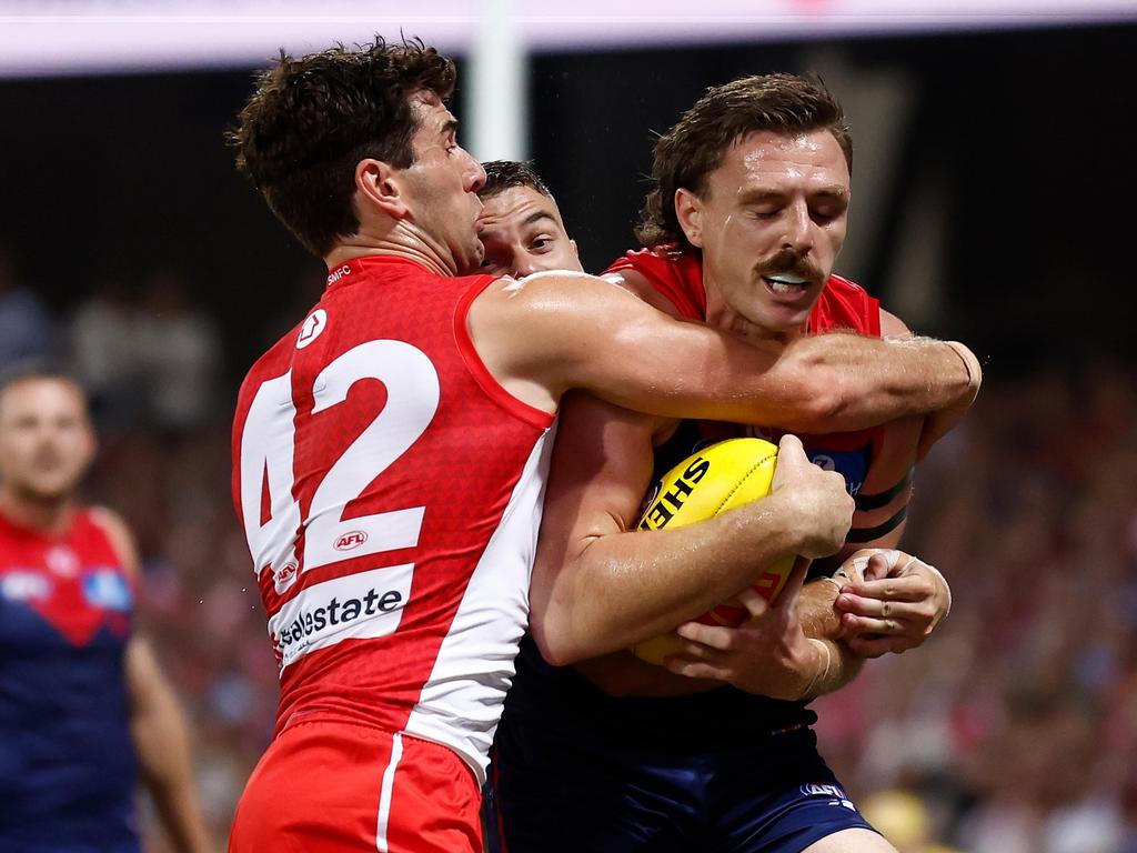 Fox’s ability to keep Lever quiet could see him deployed in a similar role against Pies skipper Darcy Moore. Picture: Michael Willson/AFL Photos via Getty Images