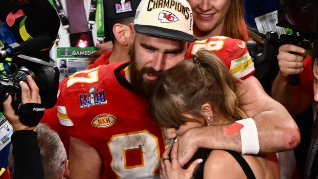 Kansas City Chiefs tight end Travis Kelce and Taylor Swift embrace after the Super Bowl. Picture: AFP