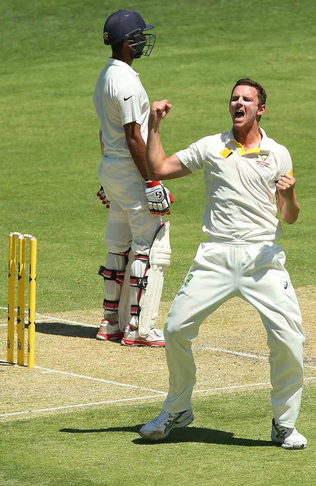 Cheteshwar Pujara was Josh Hazlewood’s first Test wicket.