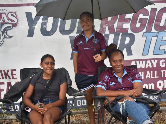 Sophia Mye with Cree and Reegan Bickey at the CQ Capras game against the Ipswich Jets in Round 12 of the Hostplus Cup at Rugby Park, Rockhampton, on June 1, 2024.