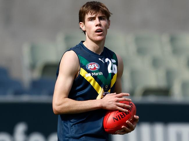 MELBOURNE, AUSTRALIA - APRIL 13: Harry O'Farrell of the AFL Academy in action during the 2024 AFL Academy match between the Marsh AFL National Academy Boys and Coburg Lions at Ikon Park on April 13, 2024 in Melbourne, Australia. (Photo by Michael Willson/AFL Photos via Getty Images)