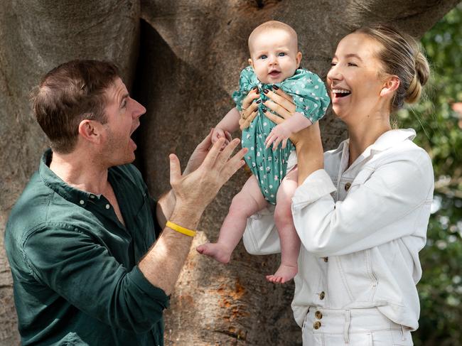 Sam Mac and Rebecca James with their first daughter Margot in 2023. Picture: Julian Andrews