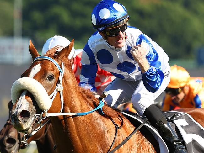 SYDNEY, AUSTRALIA - APRIL 13: Mark Zahra riding Autumn Angel wins Race 6 The Star Australian Oaks during Sydney Racing: The Championships at Royal Randwick Racecourse on April 13, 2024 in Sydney, Australia. (Photo by Jeremy Ng/Getty Images)