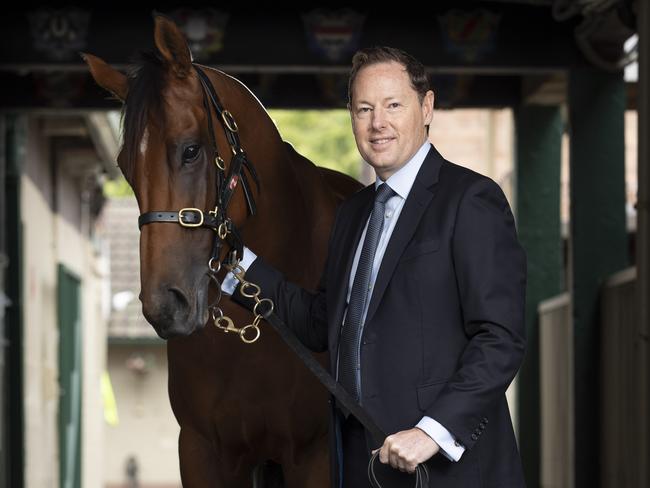 TABCORP Wagering & Media Managing Director Adam Rytenskild with bay filly "Dorothy of Oz" from Gai Waterhouse and Adrian Bott Stables Kensington. Pictures - Chris Pavlich/Tabcorp