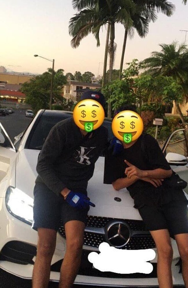 The thieves posed with the white Mercedes Benz and tagged AFL Star Charlie Cameron in the post. Picture: supplied