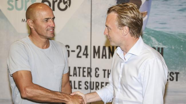 Kelly Slater with Manly MP James Griffin. Picture: Salty Dingo