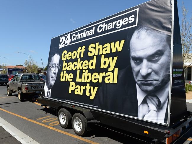 A billboard being driven around Frankston drawing attention to criminal charges Mr Shaw faced over misuse of his government credit card and card which were later dropped.