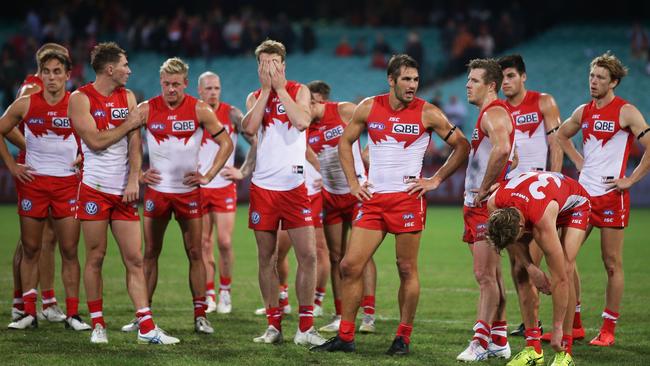 Swans players after their loss to the Giants. Picture: Getty Images