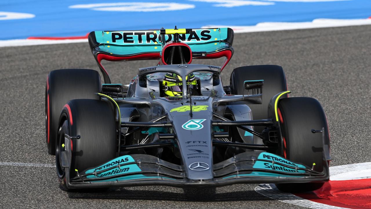 Mercedes' British driver Lewis Hamilton drives during the first practice session ahead of the Bahrain Formula One Grand Prix at the Bahrain International Circuit in the city of Sakhir on March 18, 2022. (Photo by OZAN KOSE / AFP)