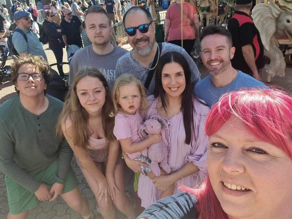 Danni Andrews' son Dustin, daughter Clarity, son Jordan and husband Troy with Sarah and Ben Wright and their daughter, Evie Picture: Supplied