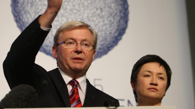 Then prime minister Kevin Rudd and his climate minister Penny Wong at the 2009 UN Climate Change Conference in Denmark, a few weeks after the Senate voted against his policy.