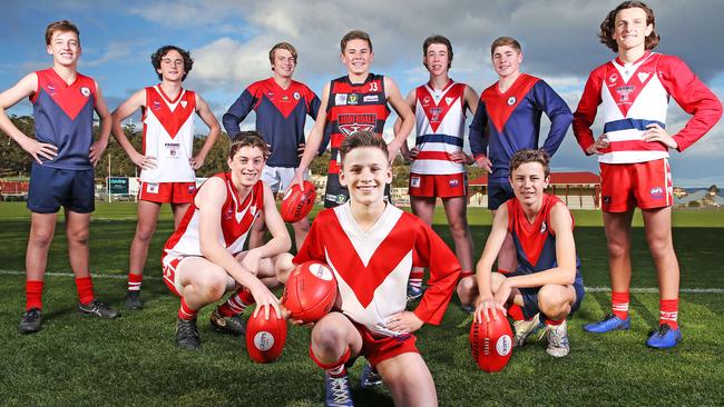 Grand final captains from the STJFL ahead of weekends grand final matches (front) LR Josh Curtis, 14, Max Geappen, 13 and Daniel Mathews, 14 and (rear) LR Charlie Hastie, 13, Flynn Marshall, 14, Keegan Ryan, 15, Fletcher Hooker, 15, Blake Marriott, 15, Riley Ferguson, 14 and Nick Bealey, 16. 2019 Picture: Zak Simmonds