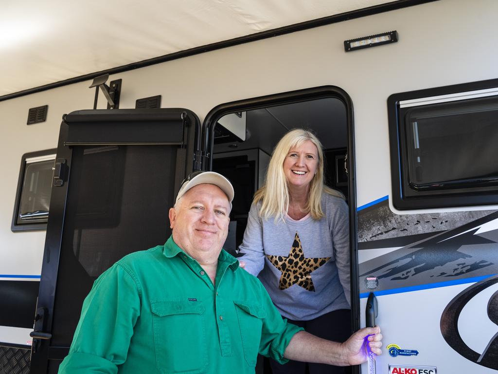 Marc and Richelle Kennedy check out one of the caravans on show at the Queensland Outdoor Adventure Expo at the Toowoomba Showgrounds, Saturday, July 30, 2022. Picture: Kevin Farmer