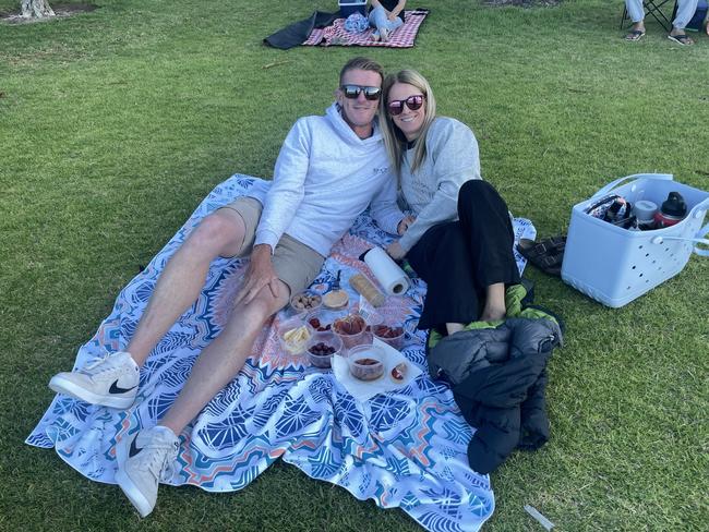 Tim Harris and Kate Hoodless at Cowes Foreshore on Phillip Island for the 2024 New Year's Eve fireworks. Picture: Jack Colantuono