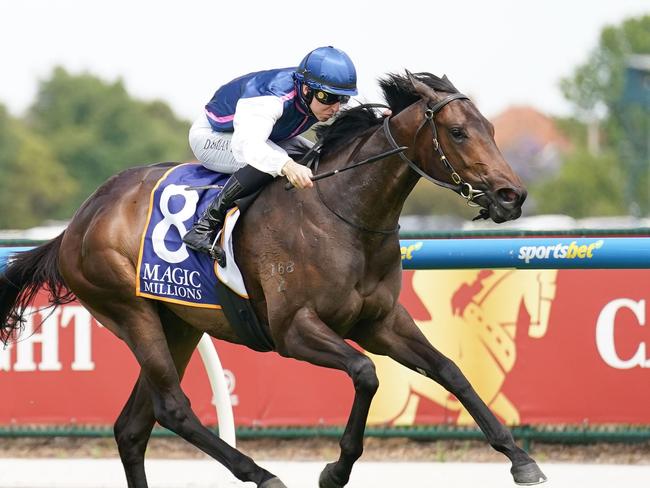 Invincible Woman ridden by Damian Lane wins the Magic Millions VIC 2YO Classic at Caulfield Heath Racecourse on December 14, 2024 in Caulfield, Australia. (Photo by Scott Barbour/Racing Photos via Getty Images)