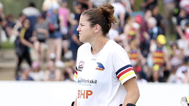 Adelaide Crows v Carlton at Richmond Oval. Jess Foley on crutches at the end of the game. She could be out for the rest of the AFLW season Picture: Sarah Reed