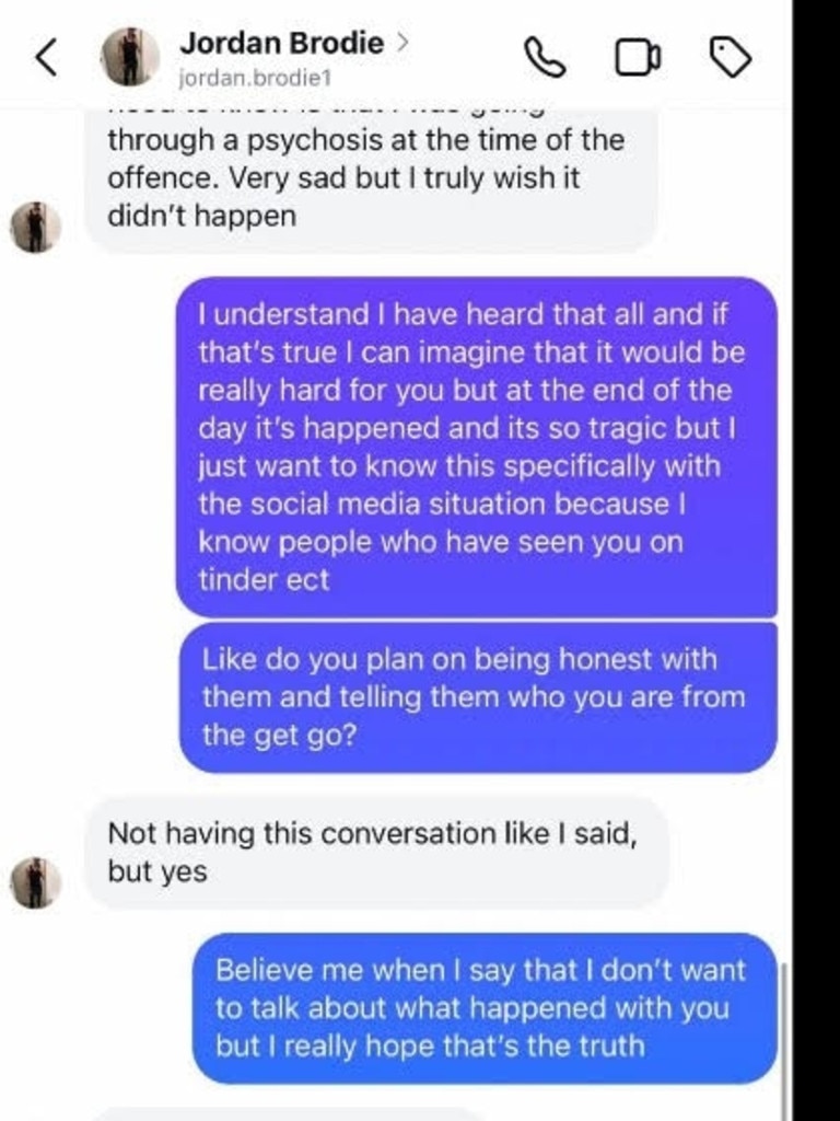 Message exchange between Jordan Miller and a female who knows the victim. Jordan Brodie Miller was found guilty of murdering 18-year-old Emerald Wardle at their home in Metford, near Maitland, in June 2020. Picture: Supplied