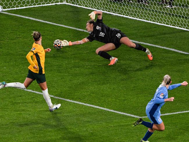 England forward Alessia Russo (R) scores the third and final goal past Australian goalkeeper Mackenzie Arnold. Picture: Saeed Khan/AFP