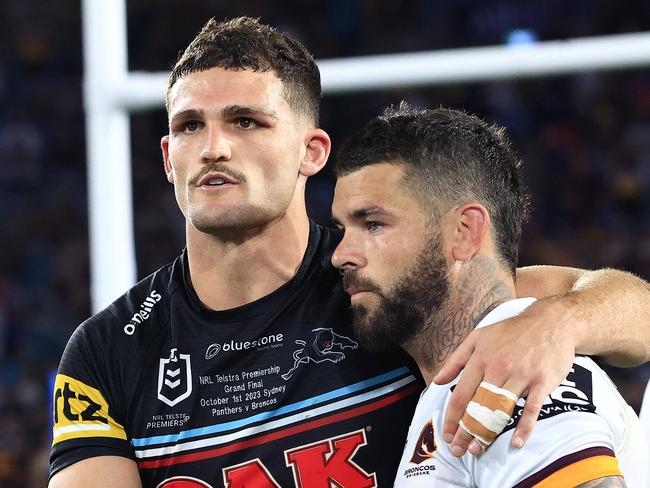 Nathan Cleary and Adam Reynolds after  the 2023 NRL Grand Final between the Brisbane Broncos and the Penrith Panthers at Accor Stadium, Sydney Olympic Park. Pics Adam Head