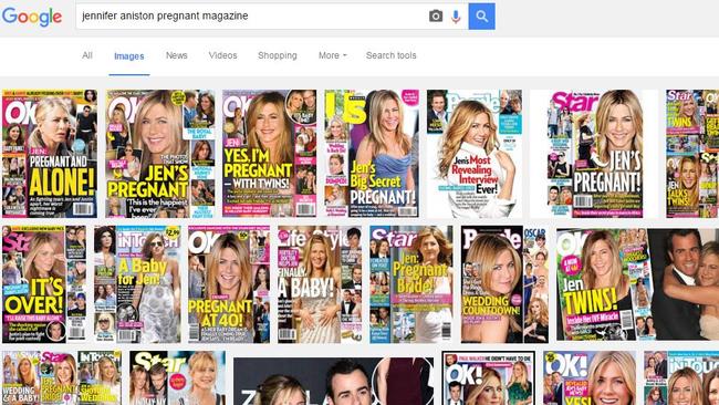 A basic Google image search of ‘Jennifer Aniston pregnant magazine’ will bring up hundreds of results of Jennifer Aniston’s ‘pregnancies’ over the past two decades. Picture: Google