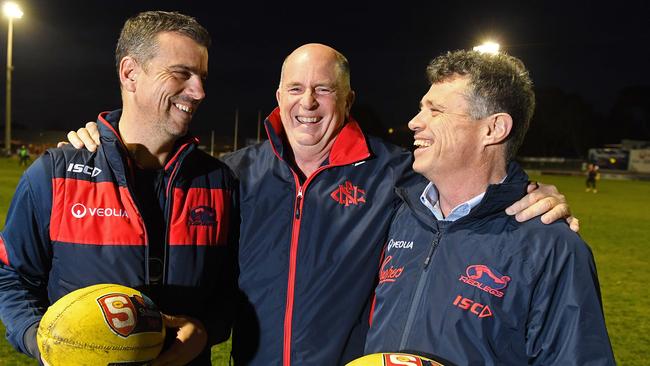 Phil Smyth (centre), pictured with Norwood coach Jarrod Cotton (left) and CEO James Fantasia, says the Crows would benefit from appointing a new head of leadership and culture for 2020. Picture: Tom Huntley