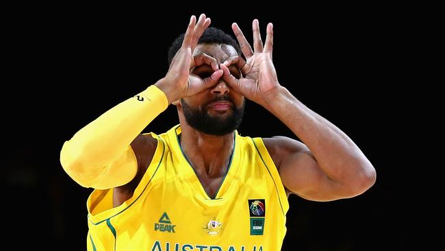 Patty Mills of the Boomers gestures after making a basket during the game one match between the Australian Boomers and New Zealand Tall Blacks.