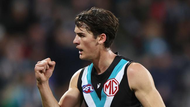 Connor Rozee of the Power celebrates a goal. Photo by Sarah Reed/AFL Photos via Getty Images.