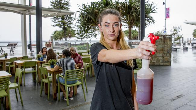 Greek Street Grill employee Hannah Ingram is a ‘bird shoo-er’. Picture: Jerad Williams