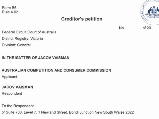 The ACCC's creditors petition against Jacov Vaisman. Source: News Corp Australia