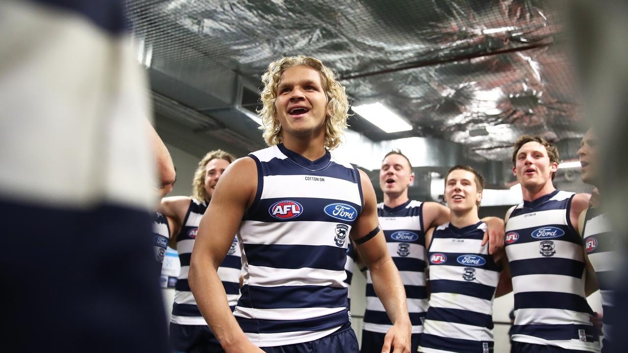 Quinton Narkle celebrates Geelong’s win over GWS on Sunday.