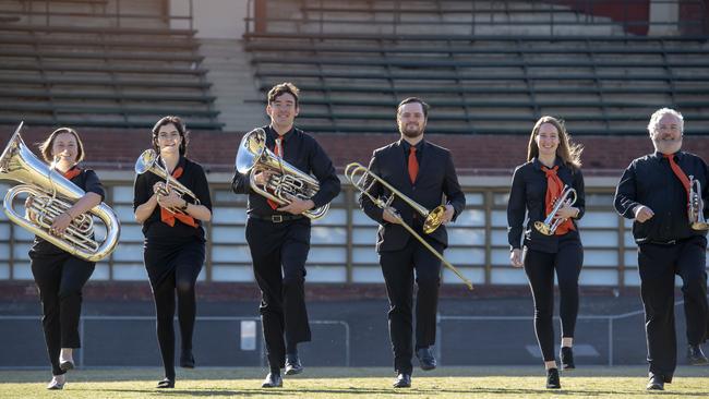 Boroondara Brass members Amy Lowe, Louise Martin, Doug Lewis, Spencer Nelson, Katey Daivis and Mark Skillington practising their marching skills ahead of the Anzac Day march. Picture: Andy Brownbill