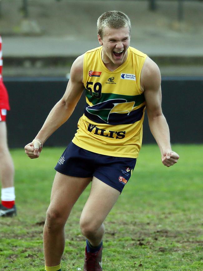 Welsh celebrates one of his seven goals last Saturday. Picture: SANFL/Peter Argent