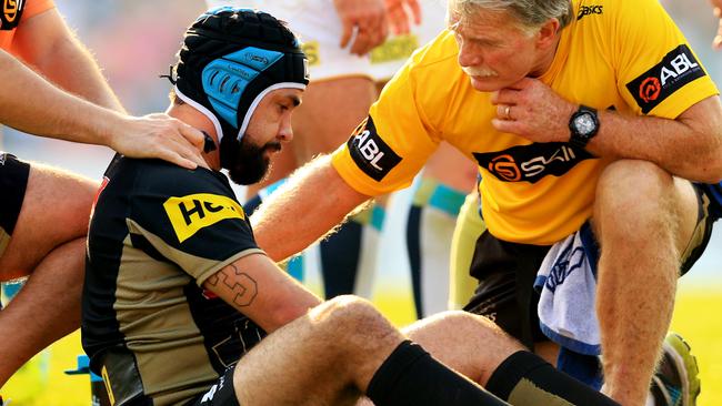 Jamie Soward of the Panthers after a heavy knock.