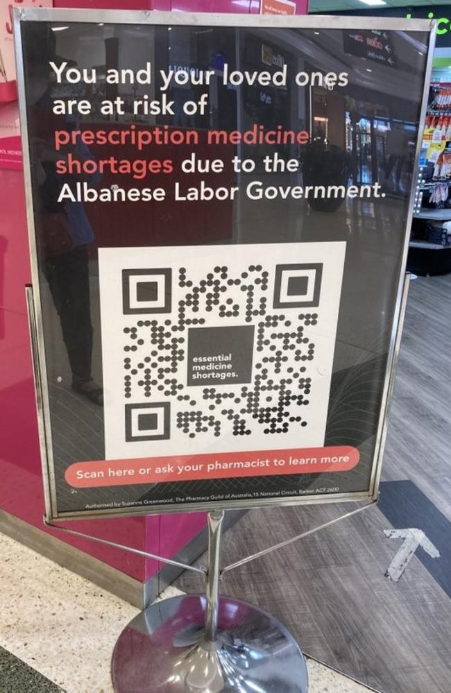 Signs carry a QR code that takes customers to a website authorised by the Pharmacy Guild of Australia. Picture: Twitter