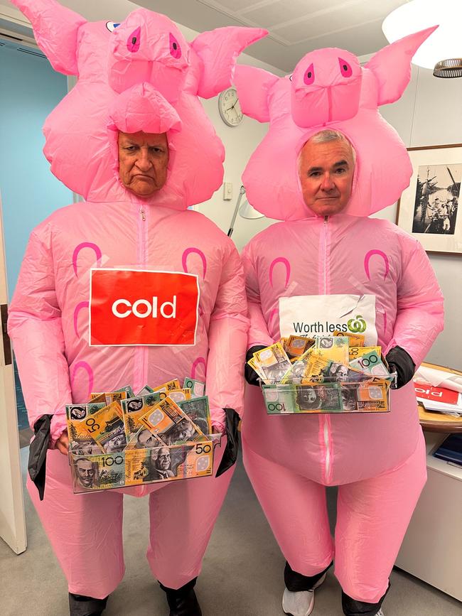 Bob Katter and Andrew Wilkie dressed as pigs in federal parliament. Picture: Bob Katter