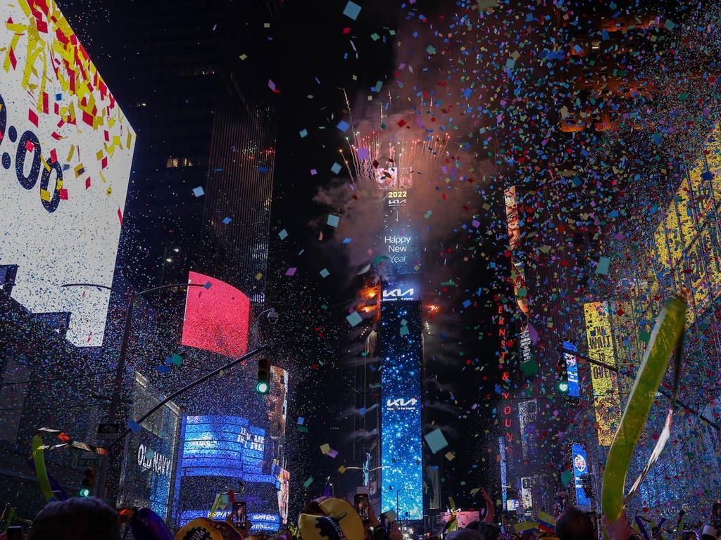People celebrate the New Year at Times Square in New York City on January 1, 2022.