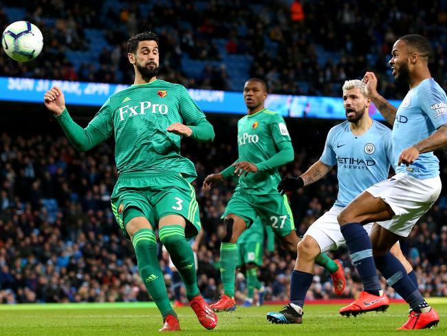 MANCHESTER, ENGLAND - MARCH 09: Raheem Sterling of Manchester City scores his team's first goal during the Premier League match between Manchester City and Watford FC at Etihad Stadium on March 09, 2019 in Manchester, United Kingdom. (Photo by Alex Livesey/Getty Images)