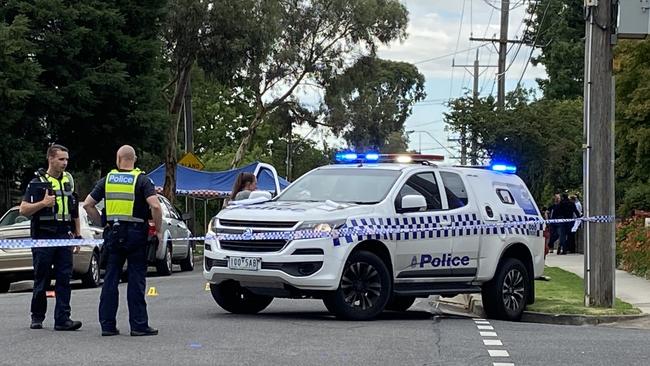 Police cordon off Purches St, Mitcham after a teenager is found lying in the street bleeding heavily from serious upper-body injuries