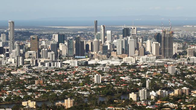 Brisbane City with North Stradbroke Island in the background.