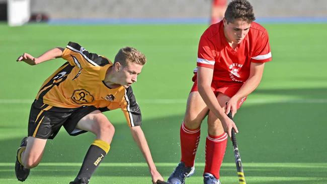 Riley Anderson (Easts) and Stefano Spall (Norths/Bellbowrie) battle for the ball in the C-Grade grand final. Picture: Cordell Richardson