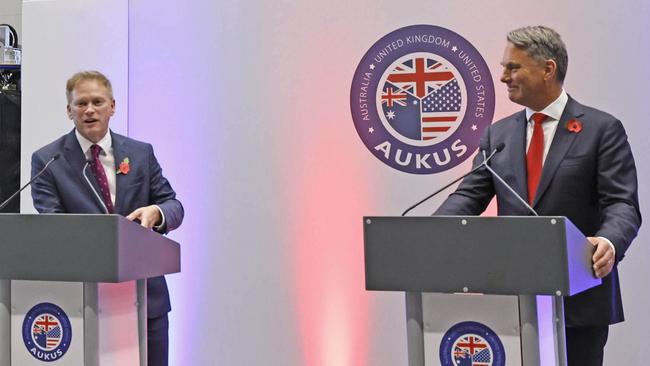 Defence Minister Richard Marles, right, with former British defence secretary Grant Shapps at Rolls-Royce’s nuclear reactor manufacturing site in Derby in 2023. Picture: Nigel Howard