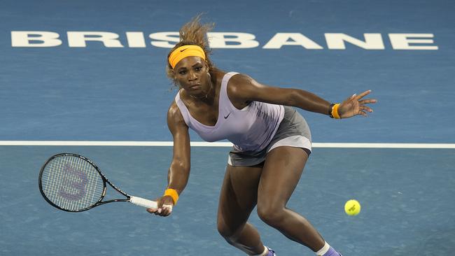 Serena Williams of USA plays a shot during her final match against Victoria Azarenka of Belarus at the Brisbane International tournament at the Queensland Tennis Centre in Brisbane, Saturday, Jan. 4, 2014. (AAP Image/Dave Hunt) NO ARCHIVING, EDITORIAL USE ONLY