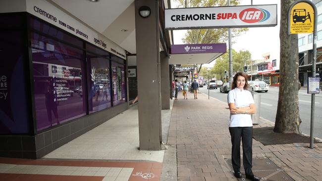 Cremorne Town Centre Pharmacy owner Genevieve Kearney is upset with B-Line plans for the area. The centre’s businesses support a petition against the B-Line. Picture: Annika Enderborg