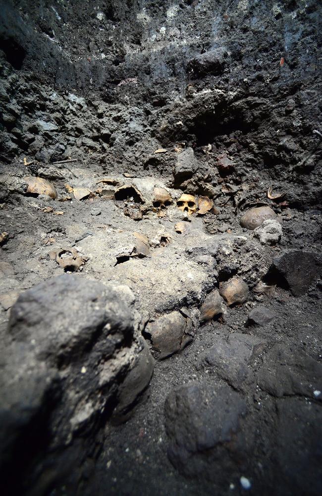 Fallen warriors . The partially unearthed skulls at the Templo Mayor Aztec ruin site in Mexico City. Source: AP