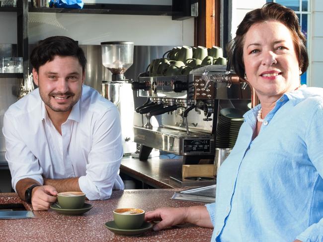 New Lot Fourteen cafe owners Karen Slabbert and Shane Abbott at their venue, Table on the Terrace. Picture: Matt Turner